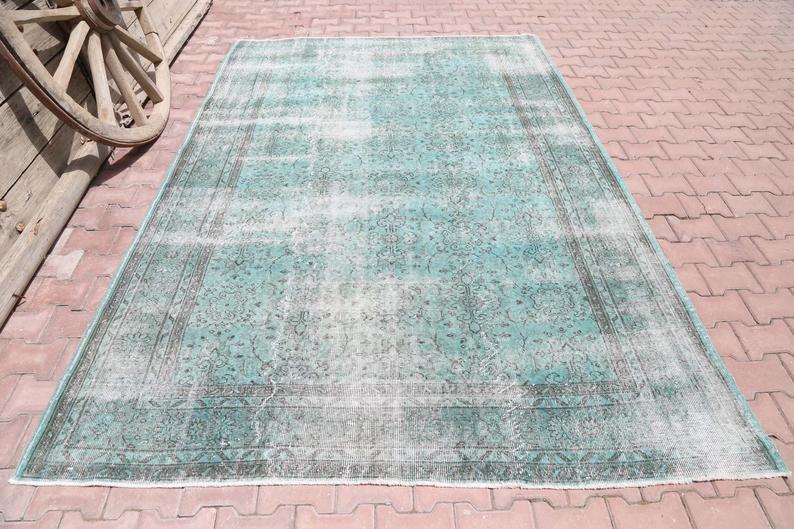 Faded Teal, Turquoise Turkish Vintage Rug, Distressed Area ...