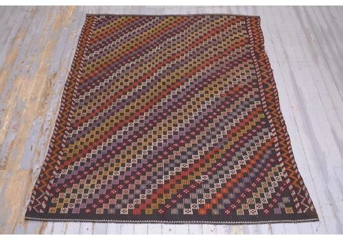 Flatweave Turkish Rug, Kilim Turkish Kelim Handwoven Geometric, Farmhouse Decor Area Rug, Red Beige Brown Squared Checkered Boho Chic