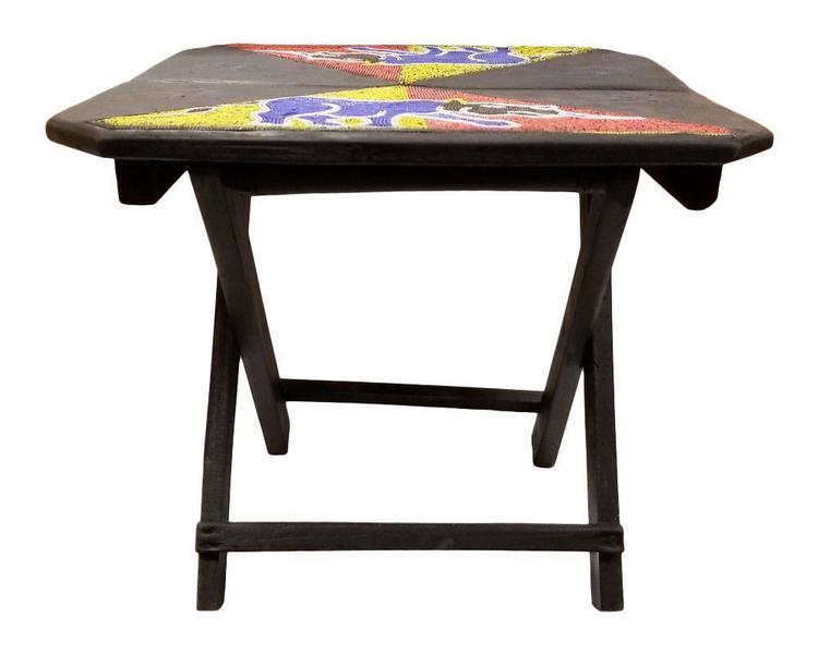 West African Ghanaian Square Folding Portable End Table With Beaded