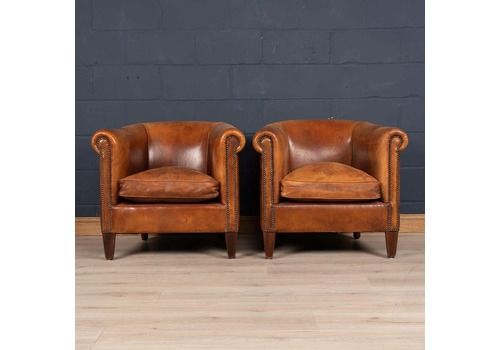 20th Century Pair Of Dutch Sheepskin Leather Tub Chairs
