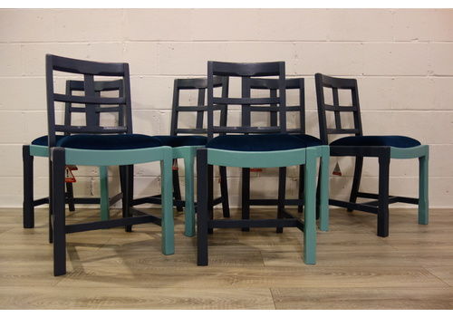 6 Blue Upholstered Chairs With Cross Detail