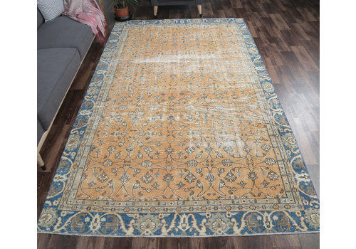 Orange Floral Blue Bordered | Turkish Vintage Area Rug, Oushak Handmade Wool Carpet, Farmhouse Decor, One Of A Kind, Made In Anatolia