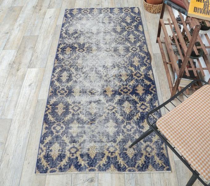 3x6 Turkish Vintage Oushak Handmade Wool Rug Distressed Blue Gold Hallway Kitchen Rugs Farmhouse Decor One Of A Kind Anatolian Vinterior