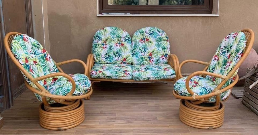 Italian Mid Century Modern Bamboo Set Of Lounge Patio With Settee