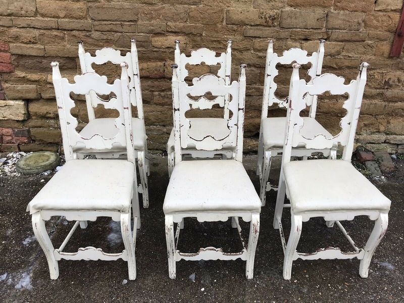 Set Of Six Victorian Pine Kitchen Chairs, Shabby Chic Vinterior