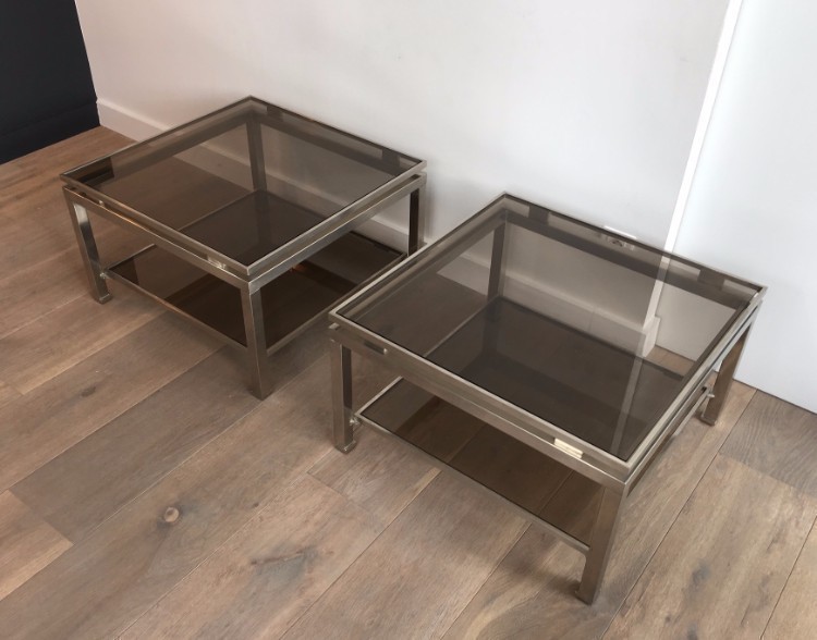 Pair Of Brushed Steel Side Tables With Smoked Glass By Guy Lefèvre For Maison Jansen Circa 1970