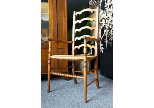 Arts & Crafts Solid Oak Ladder Back Occasional Chair With Rush Seat
