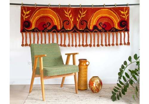 Mid Century Modern Tapestry, "Sunset" Wall Hanging With Fringe, Large Size Abstract Tapestry From 60s
