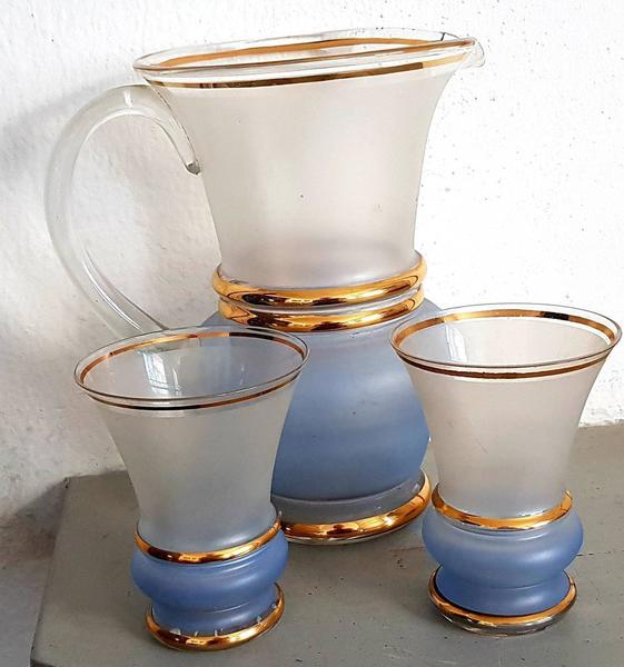 Retro/Vintage Large Frosted Glass Jug Blue And Gold And 2 Frosted