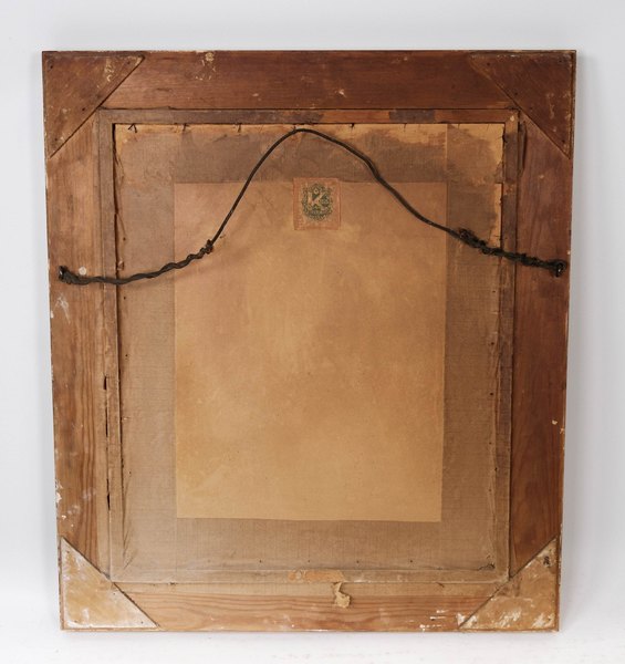Interior Painting On Canvas With Beautiful Gilded Frame, From 1920. photo Art