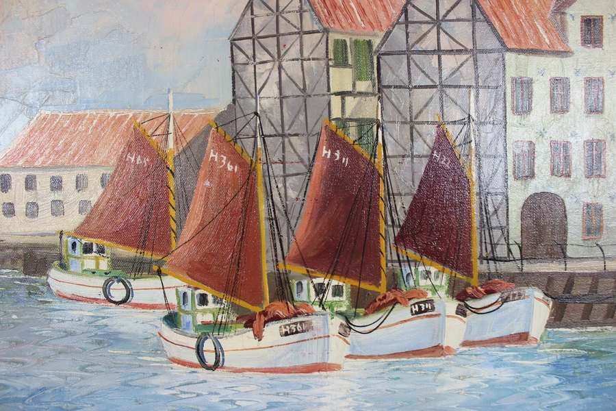 Oil Painting With Motif Of Ships And Gilded Frame, Signed Thornøe. photo furniture
