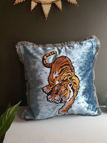 Crushed Velvet Blue Tiger Decorative Pillow Cushion Vinterior
