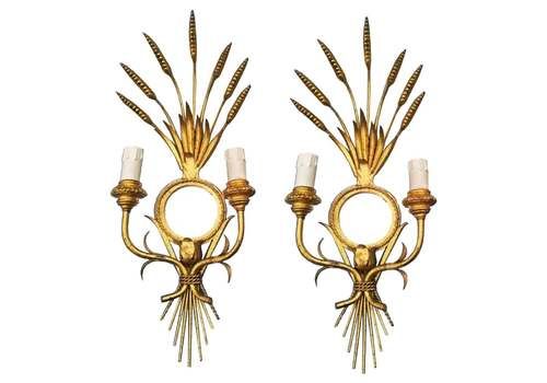 Pair Of Wall Sconces Iron With Gold Leaf And Mirror Leves, Midcentury