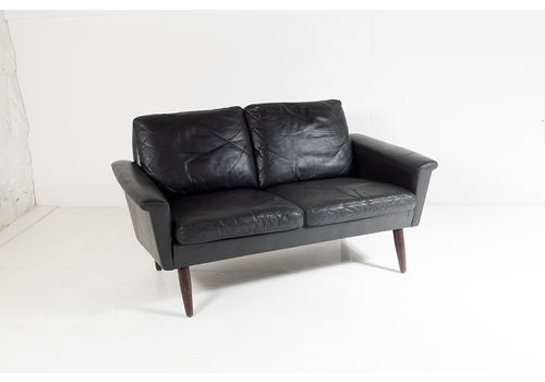 1960s Mid Century Small Danish Two Seater Black Leather Sofa | 2 Person