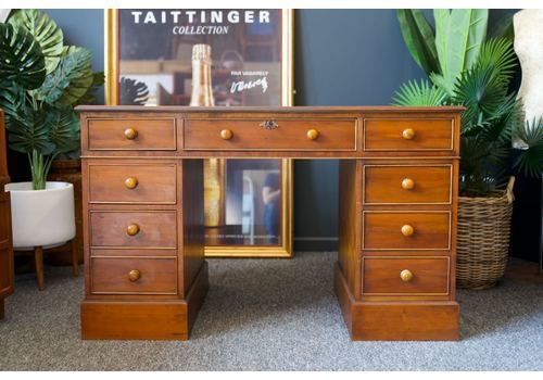 Antique Twin Pedestal Desk In Yew Wood Red Leather Top