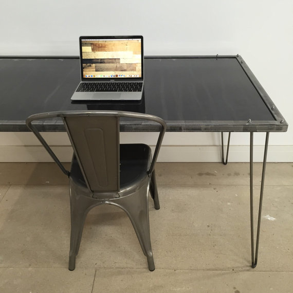 Industrial Metal Top Office Desk With Hairpin Legs