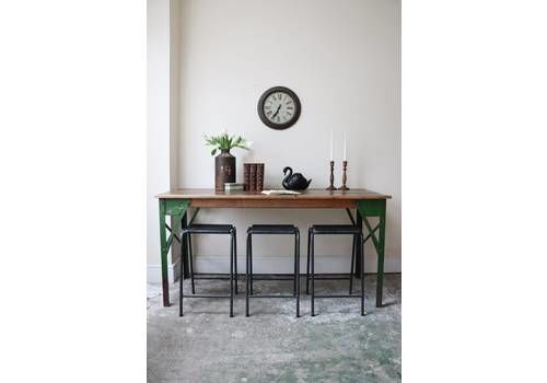 Tall Vintage Industrial Green Metal Based Workbench Table Or Desk With Varnished Plank Top