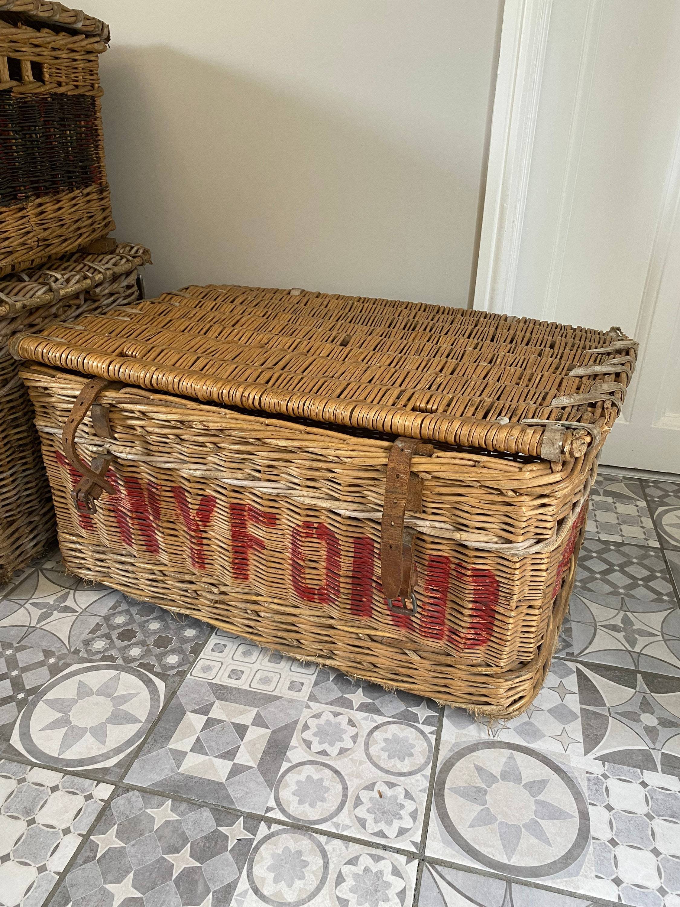 Large Antique Wicker Laundry Basket Ottoman Blanket Box Storage Box