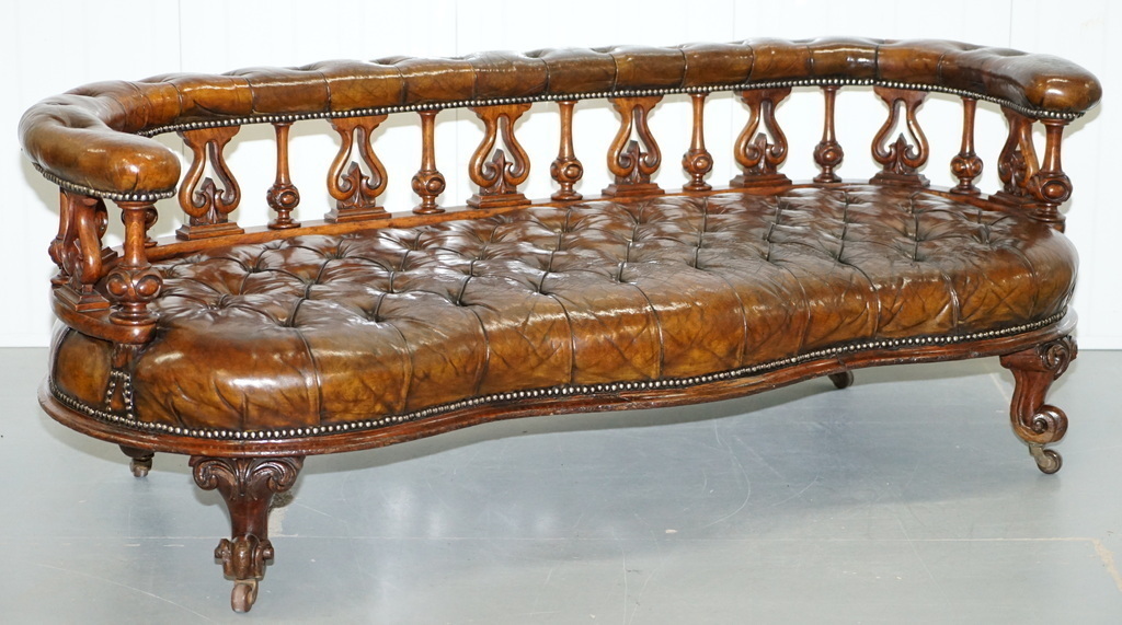 Exceptionally Rare 1840 S Fully Red Chesterfield Brown Leather Sofa Bench