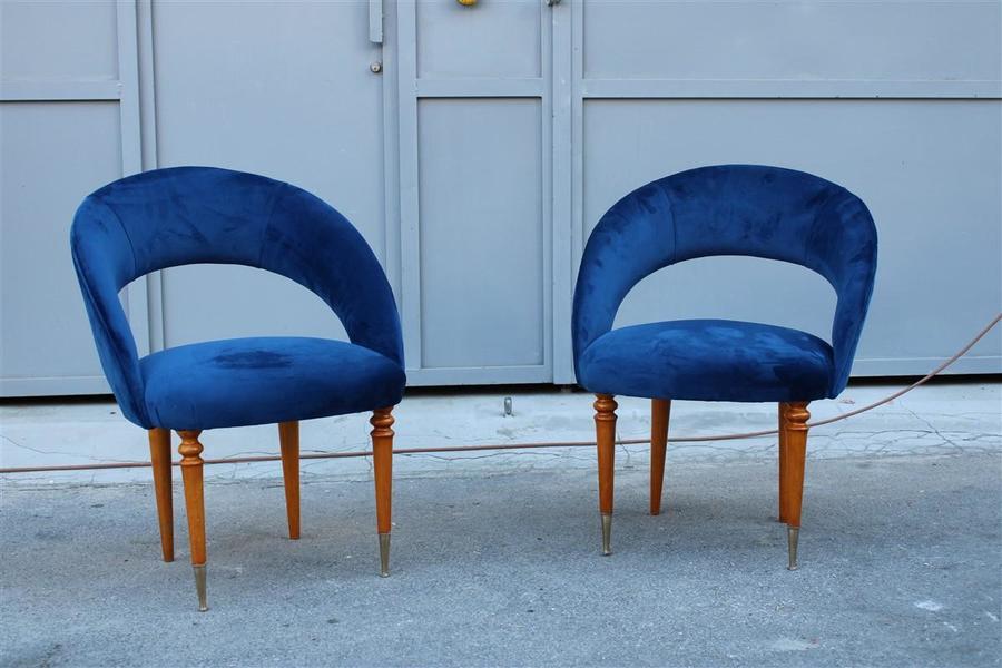 Pair Of Midcentury Cobalt Blue Brass Round Bedroom Chairs Maple