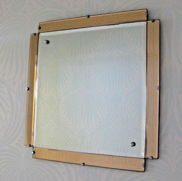 Square Peach Art Deco Bevelled Edge Frameless Wall Mirror