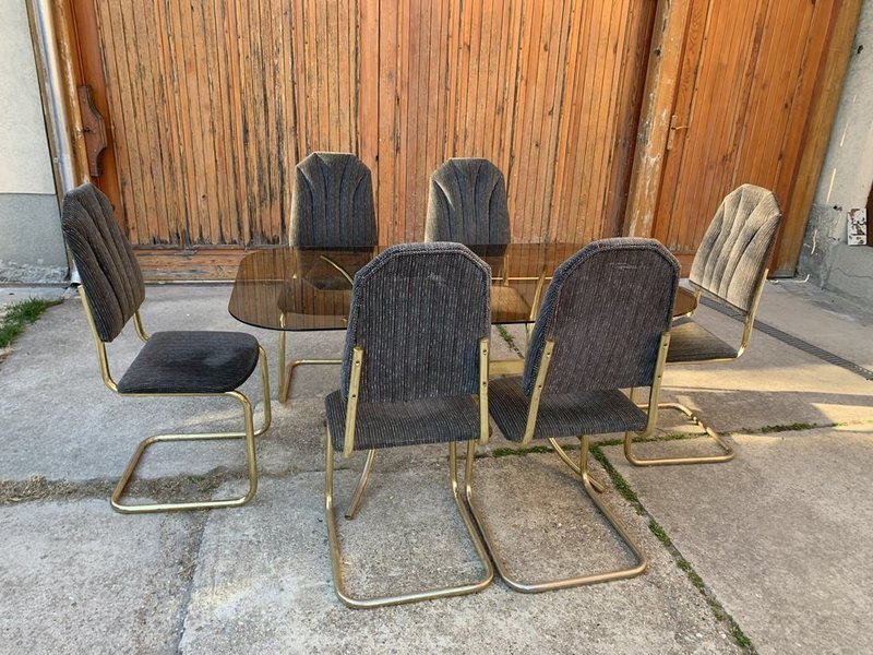 Vintage Italian Dining Chairs And Table In Brass, 1970s, Set Of