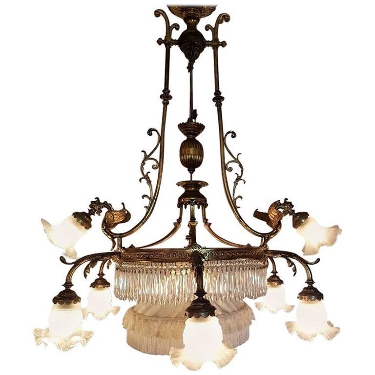 French Chandelier With Pulley System Nine Lights Dragon Ornaments Early 1900 French Chandelier With Pulley System Nine Lights Dragon Ornaments Early 1900