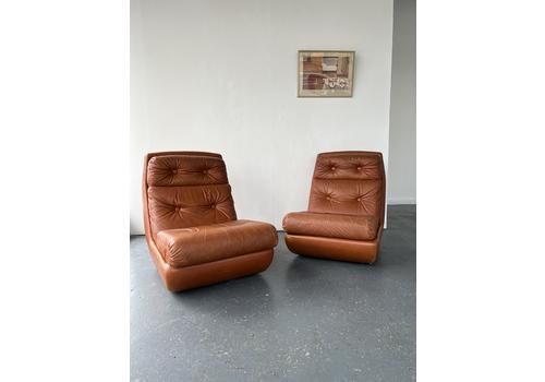 Pair Of Brown Leather 70's Low Sofas On Wheels
