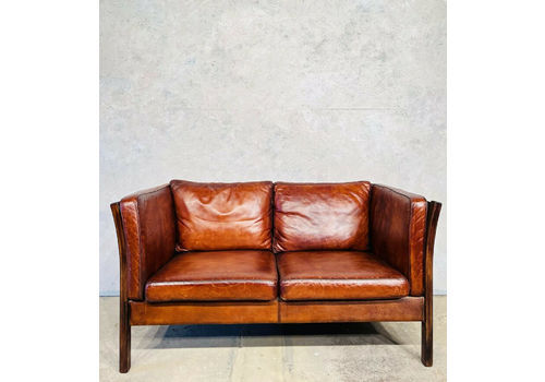 Vintage Danish Stouby 70 S Mid Century Patinated Tan Two Seater Leather Sofa