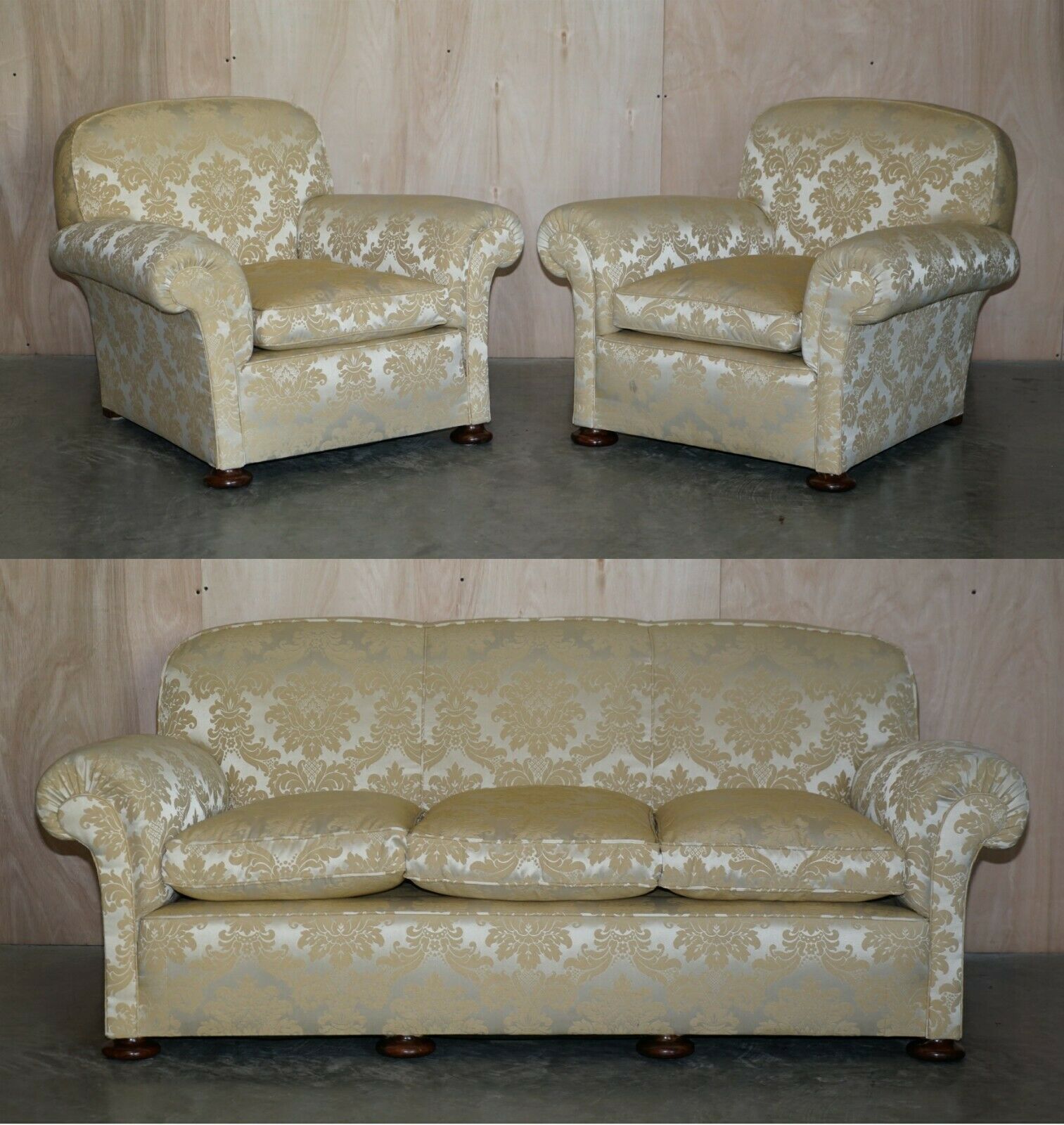Antique Victorian Sofa & Armchair Club Suite Damask Upholstery Turned Bun Feet Vinterior