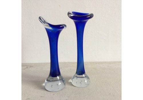 A Pair Of Swedish Blue Aseda Stem Vases. Mid Century Hand Blown/ Gift