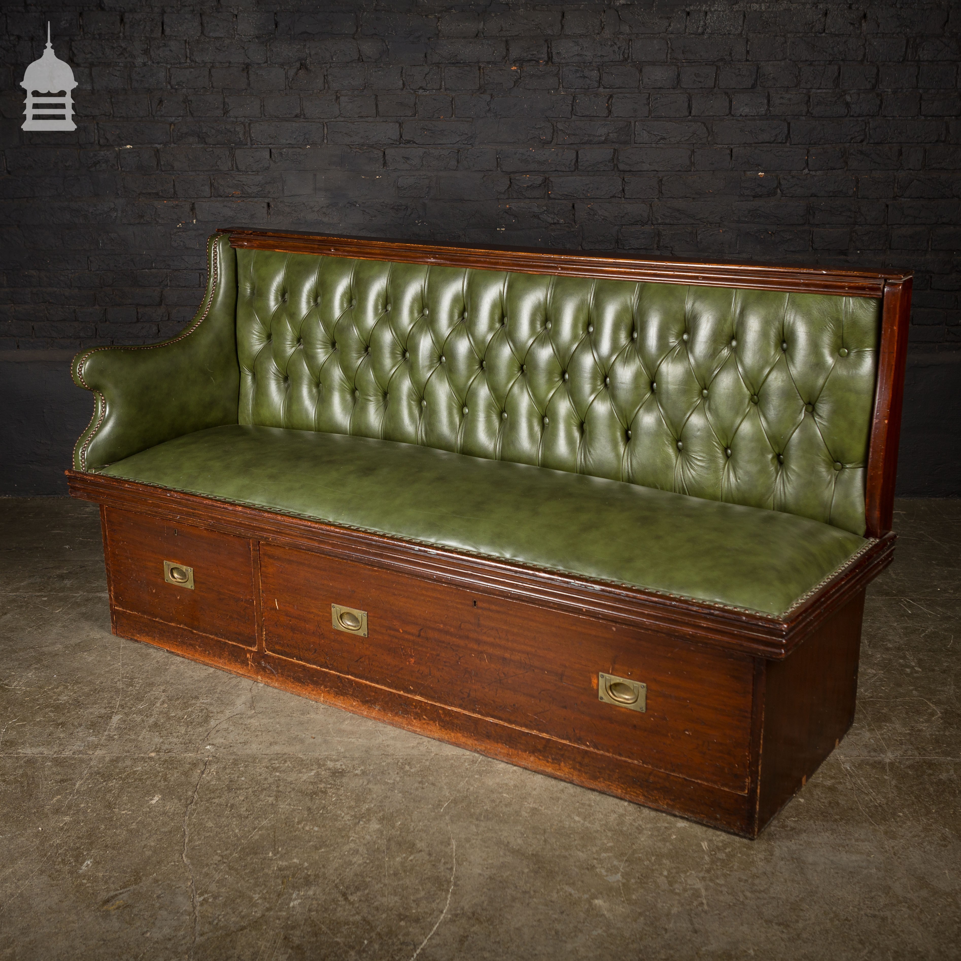 Early 20th C Green Leather Ships Cabin Bench Seat Settle With