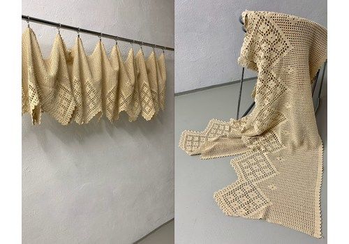 Long Beige Crochet Valance Curtain/Rustic Crochet Textile/Vintage