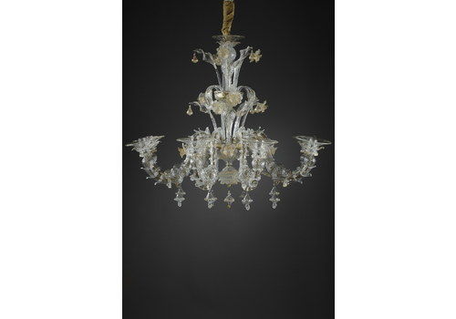 Large Murano Glass Chandelier With Eight Arms Of Light Decorated With Gold