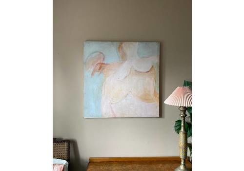 Abstract Oil Painting, Mid Century Original In Pink Grey Blue Colour Way, Large Square 1960s Artwork Of Nude Figure