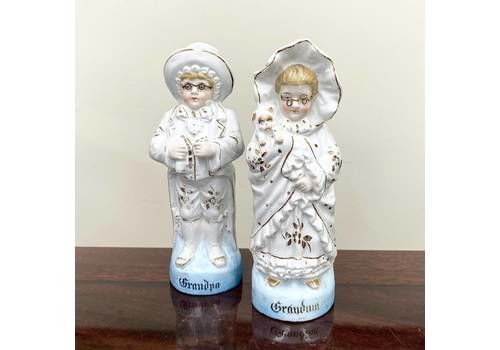 Antique Victorian German Porcelain Grandpa & Grandma Figures With Tiny Metal Glasses Cute Kitsch