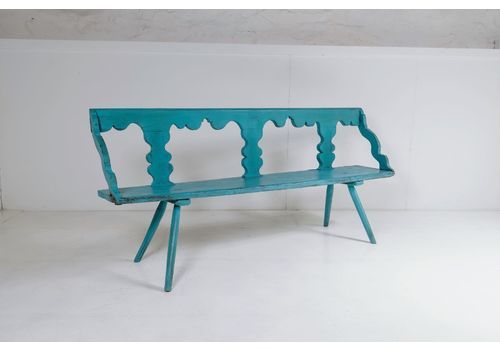 Primitive Rustic 19thc European Bench Seat In Original Distressed Blue Paint