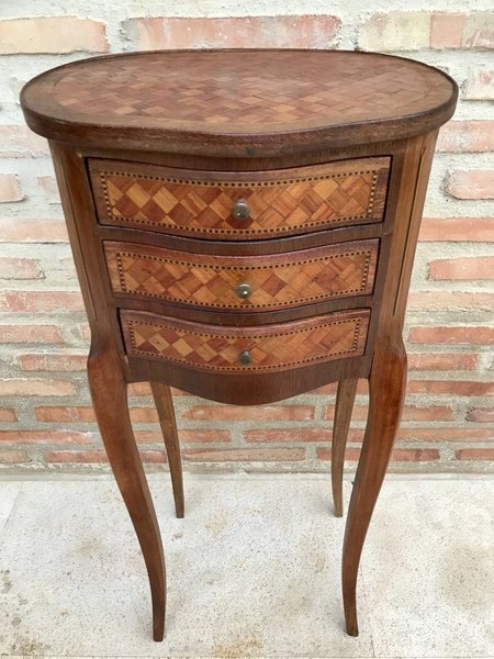 Louis XV Inlaid Walnut 3 Drawer Side Tables Or Nightstands With Marquetry, Set Of 2 photo furniture