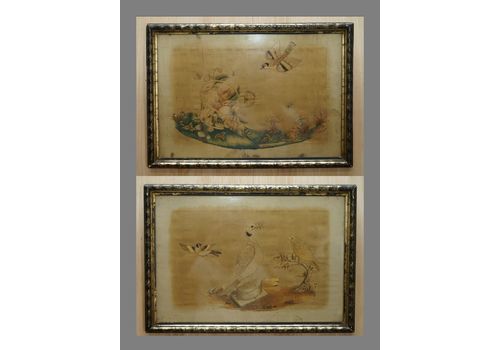 Pair Of 19th Century Silk Hand Woven Tapestries Pictures Depicting Birds Fruit