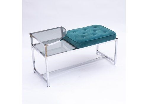 Vintage Chrome And Glass Telephone Table With Turquoise Seat, 1970s