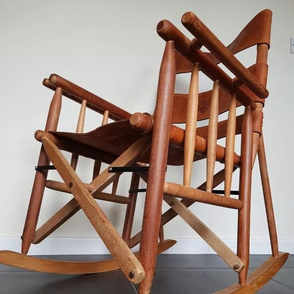Teak Mid Century Modern Leather Campaign Folding Rocking Chair