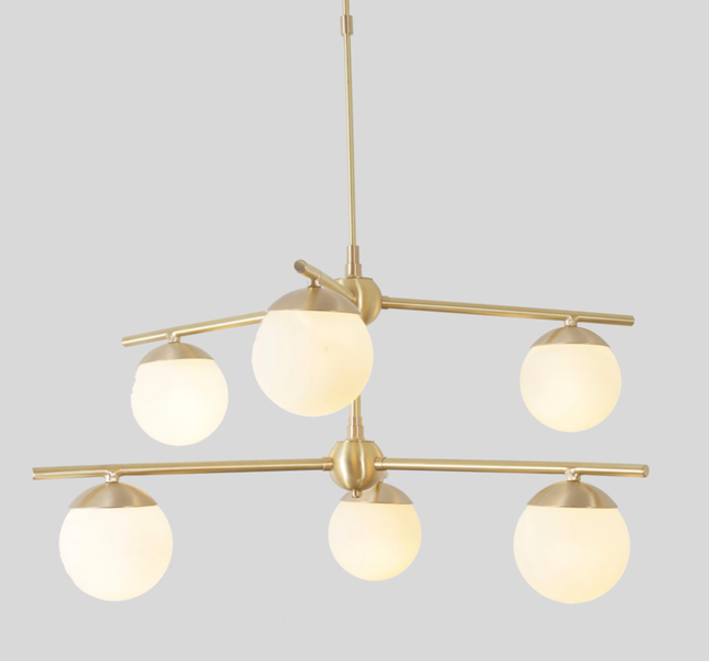 Modernist Gemma Brass Chandelier Ceiling Light Contemporary Pendant Lamp 6 Milk Glass Globes