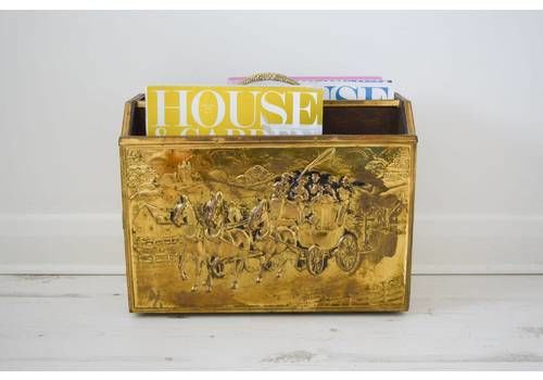 Rare Vintage Brass / Wood Double Magazine Holder With Handle, Embossed Horse And Cart Theme