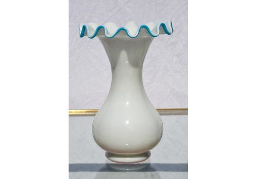 Victorian White Opaline Vase With Blue Crest