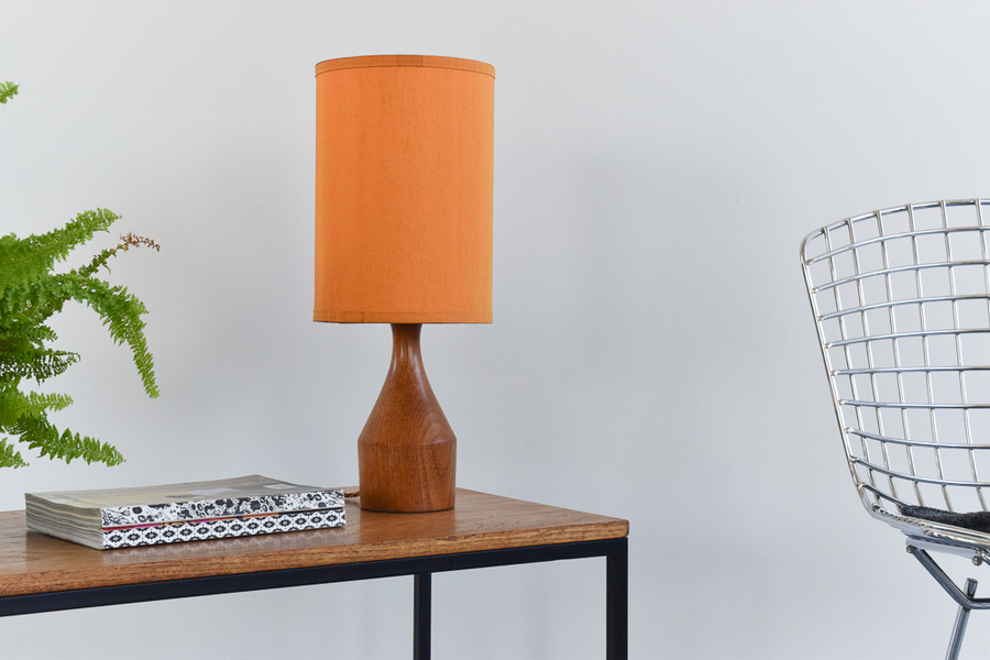 Vintage Small Teak Table Lamp With Orange Textured Shade ...