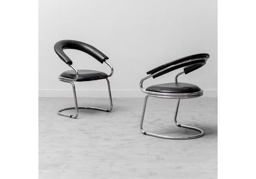 Pair Of Giotto Stoppino 70s Vintage Modern Leather Metal Chairs