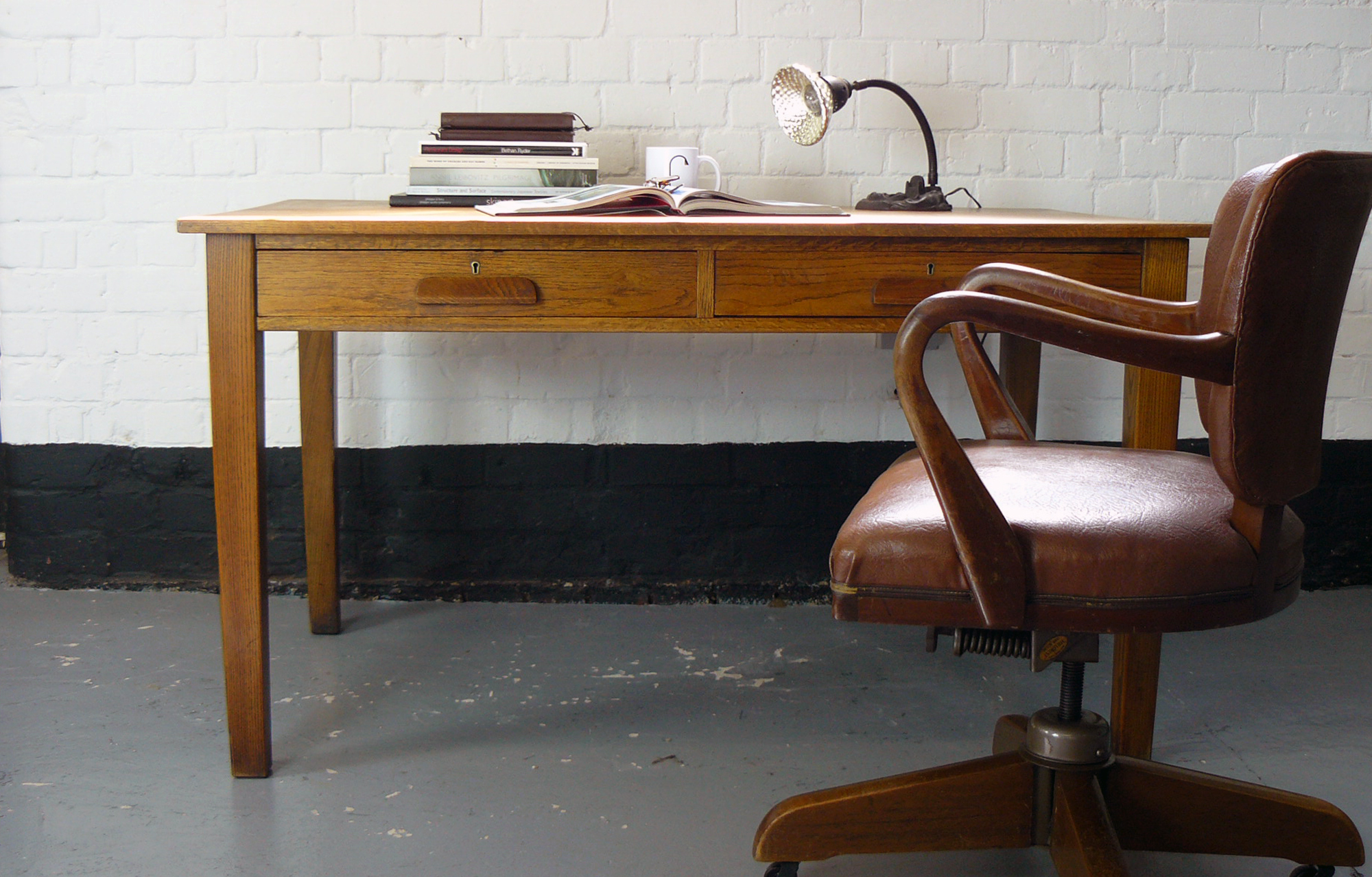 English Vintage Oak 1940s Two Drawer Teachers Desk Vinterior