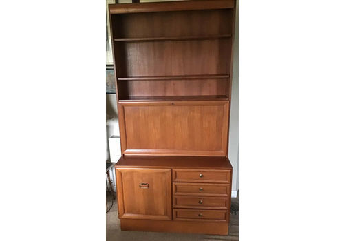 1974 Teak Bookcase On Cupboard With 4 Drawers & Fall Front Section