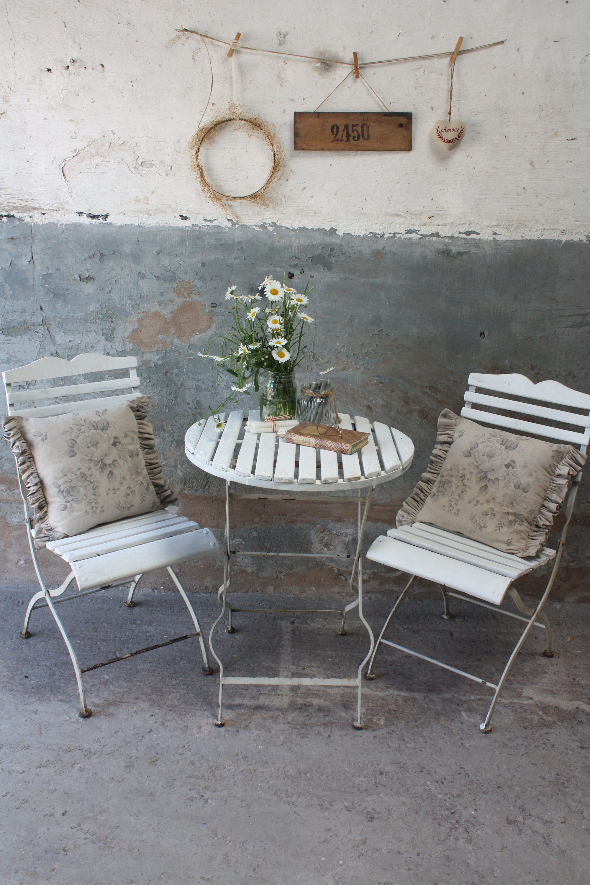 White Vintage French Folding Bistro Set Garden Table And Two Chairs Vinterior