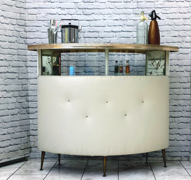 Mid Century Retro Curved Home Cocktail Drinks Bar Atomic White Vinyl